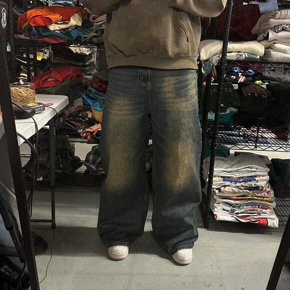 NAVY DESERT WIDE LEG BAGGY DENIM WAIST 32 FLAT - Picture 2 of 7